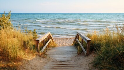 Wooden walkway to tranquil beach