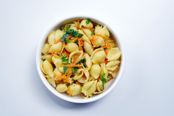 Italian Vegetable Pasta in White Bowl on Bright White Background