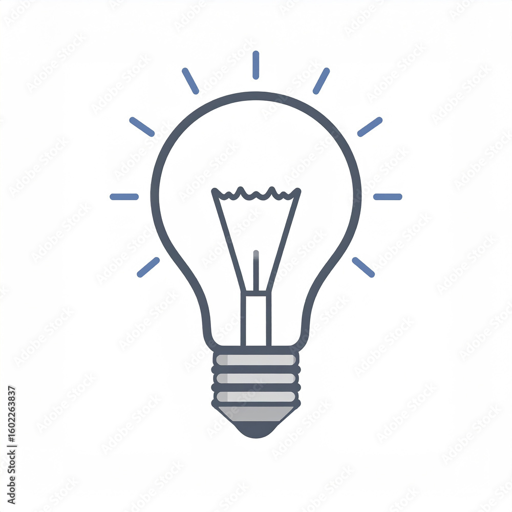 Poster lightbulb icon with glowing filament and rays on white background, symbolizing bright idea and innov