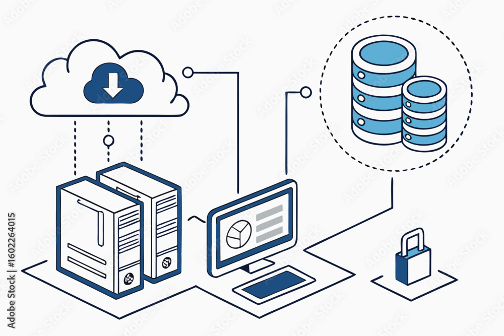 Poster cloud computing and data security concepts illustrated with servers, a computer, and a secure storag