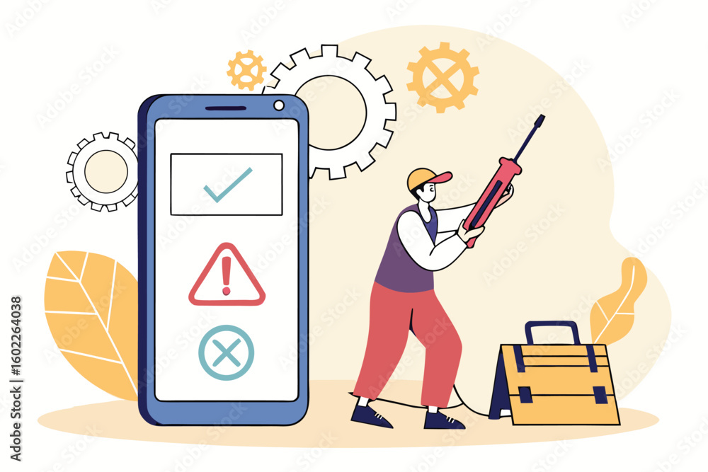 Poster technician using a smartphone for equipment maintenance with gears in the background during a workda