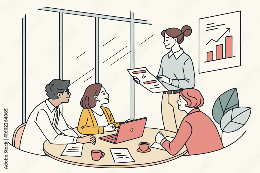 Poster discussion on project progress with team members in a modern office setting during the workday