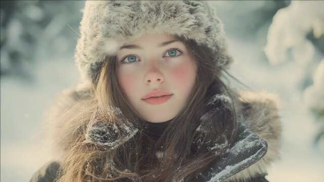 A young woman wearing a fur lined hat and coat, enjoying the winter landscape.
