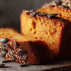Close-up of a sliced pumpkin loaf cake, richly colored and adorned with pumpkin seeds and sesame seeds, resting on a dark surface.  The moist texture is subtly visible