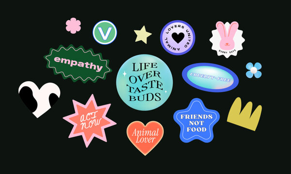 Vegan Animal Lover Stickers, Cruelty-Free, Empathy, Action, Vector Icon