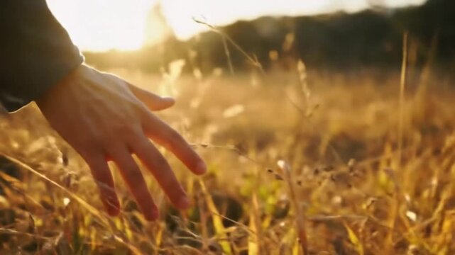 Human hand touching golden grass field at sunset warm natural light