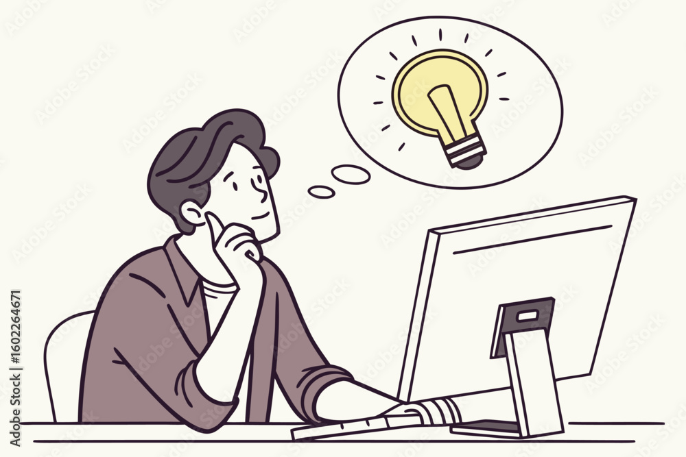 Aufkleber creative brainstorming session with a person contemplating ideas at a computer desk