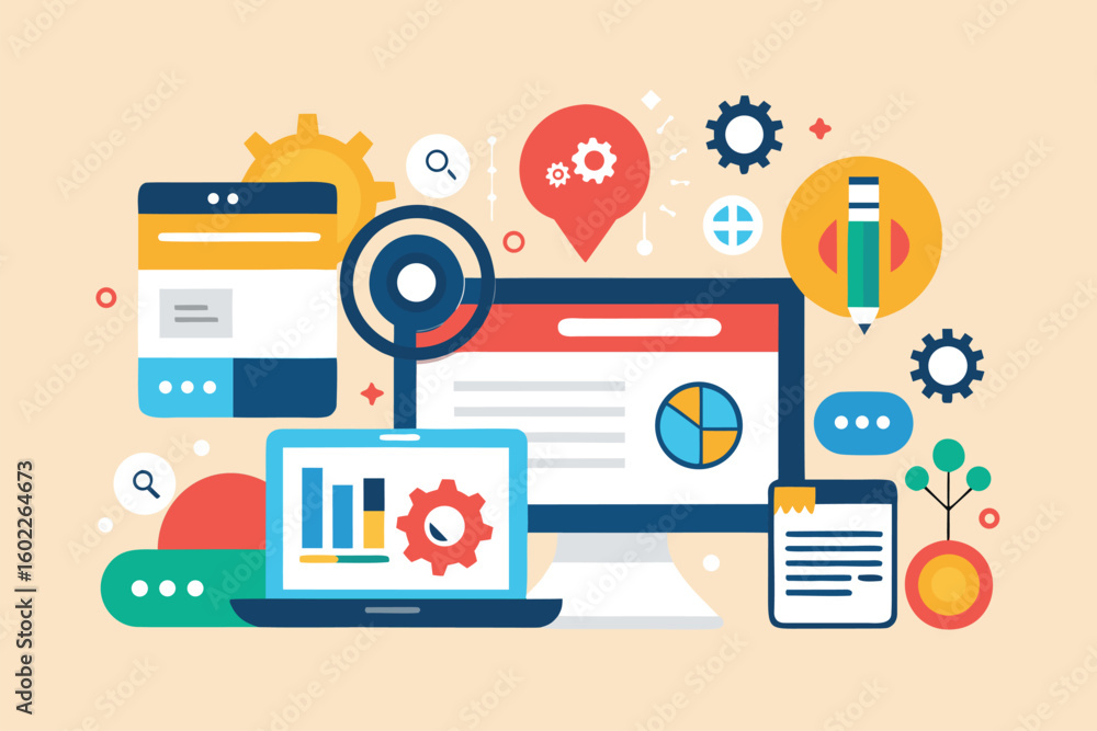 Poster digital workspace featuring various technology elements creating a vibrant backdrop for remote work 