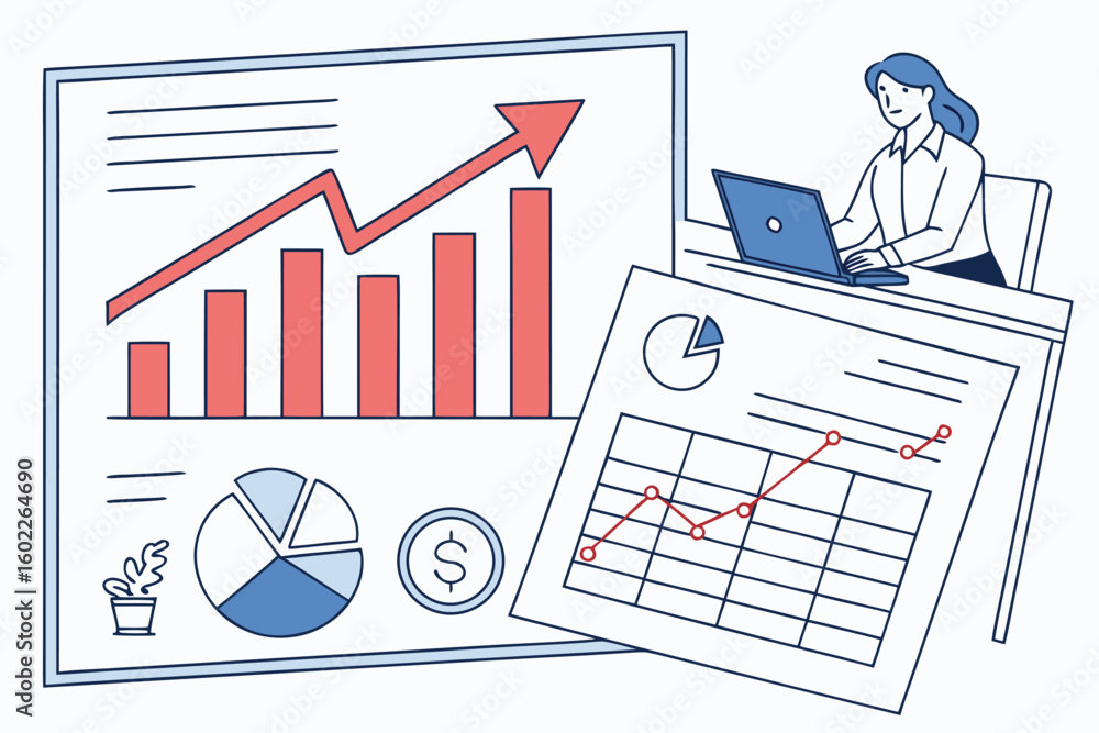 Poster business professional analyzing financial data on a laptop while surrounded by colorful graphs and c