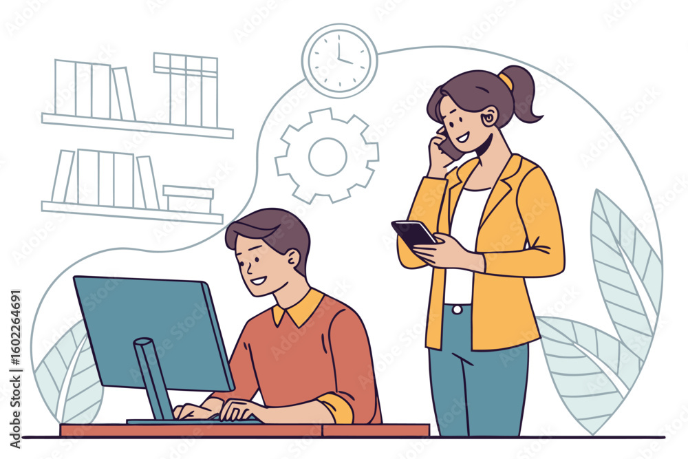 Aufkleber team members collaborate in a modern office, engaging in discussion and work while using technology 