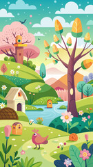 Obraz premium Charming cartoon spring landscape with rolling hills a river a house and cute animals