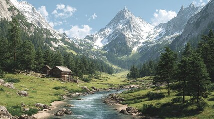 Obraz premium Photorealistic view of tranquil alpine valley with clear river winding through lush meadows, snow-capped mountains in background, and wooden chalet by the stream under bright daylight, symbolizing pea