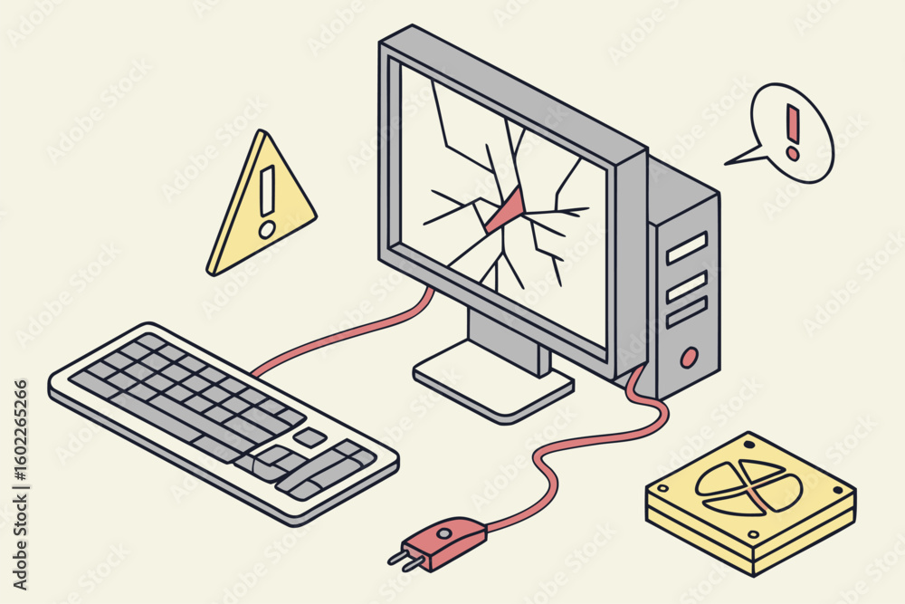 Poster computer system failure occurs with a cracked monitor and warning signs displayed during troubleshoo