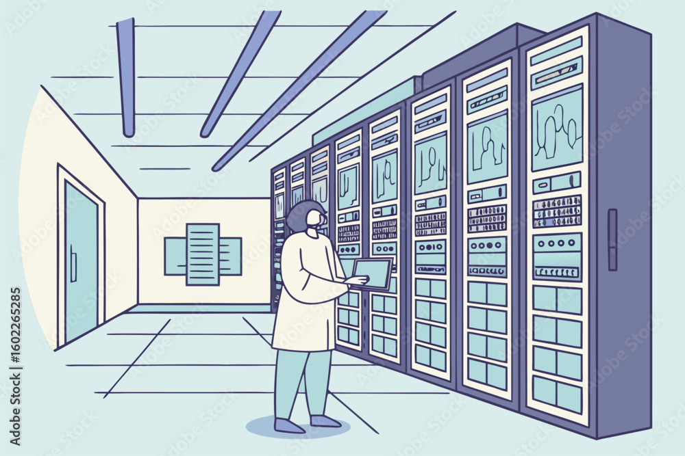 Poster technician monitors servers in data center while managing systems and ensuring efficient operations