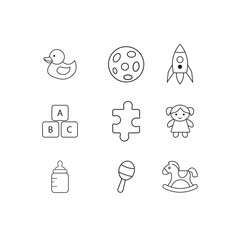 black outline vector set of children toys on white background