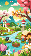 Obraz premium Charming cartoon village nestled in a valley with a river and blooming flowers