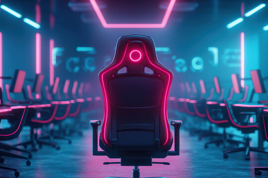 Futuristic gaming chair in cyberpunk inspired war room, illuminated by neon lights, surrounded by empty gaming chairs, creating vibrant atmosphere