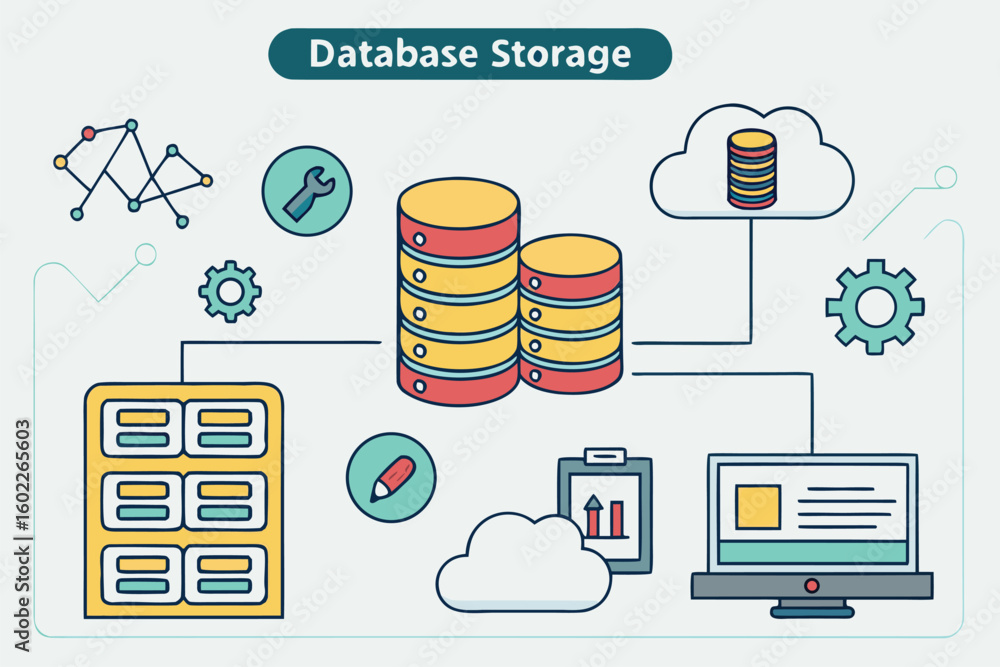 Poster database storage concepts illustrated with colorful graphics showing connections between servers, cl