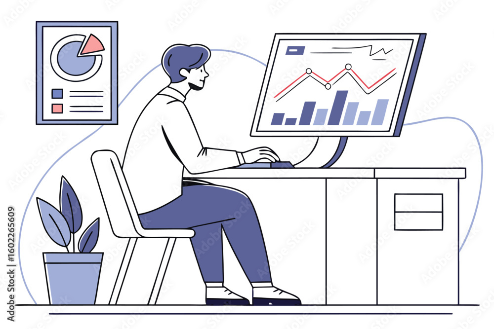 Poster professional working on data analysis at modern desk with chart visuals in office setting during day