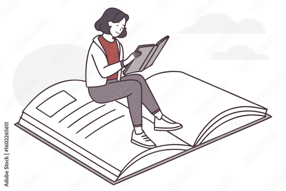 Poster reading a book while seated on an oversized open book in a minimalist design, illustrating the joy o