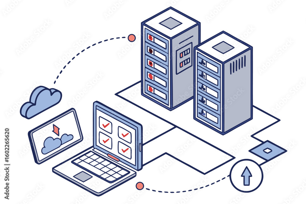 Poster data transfer between cloud storage and servers illustrated through a network diagram showcasing com