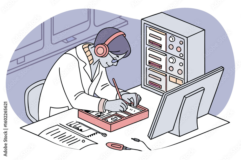 Poster scientist working diligently in a laboratory analyzing data and organizing materials with advanced e