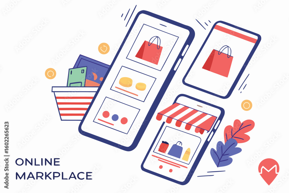 Aufkleber digital shopping experience with mobile devices displaying various products for an online marketplac