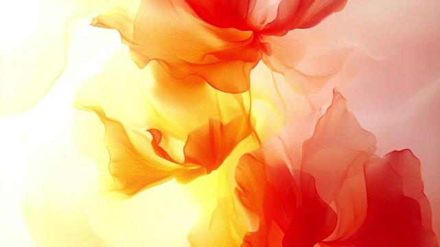 Smooth, slow-motion animation of abstract orange-red and yellow floral shapes, creating a sense of flying, weightless translucent petals flowing smoothly and interacting with each other