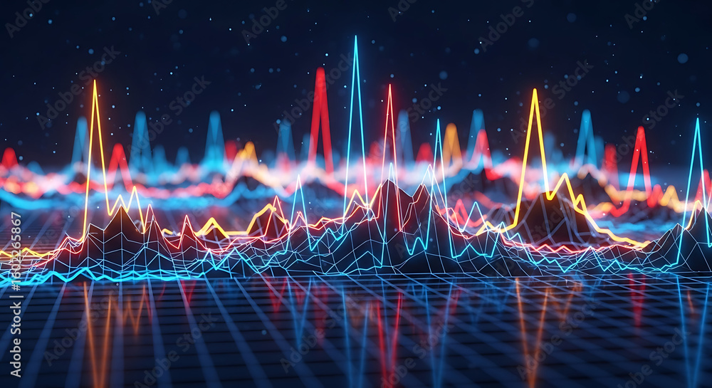 Poster abstract visualization of data with colorful, glowing lines forming peaks and valleys over a reflect