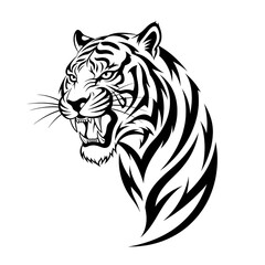Obraz premium Fierce Tribal Tiger Head Illustration – Black Ink Style
