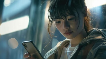 Portrait of a woman using her phone, emphasizing digital connectivity and modern lifestyle themes.