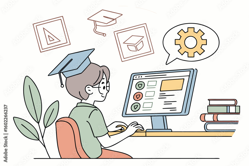 Poster student studying online with graduation cap while using computer surrounded by educational icons and