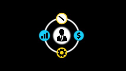 Business concept diagram with icons for person time money and graph on black background Keywords: business concept, diagram, icons, person, silhouette, man, suit, tie, time, clock, watch, money - Powered by Adobe
