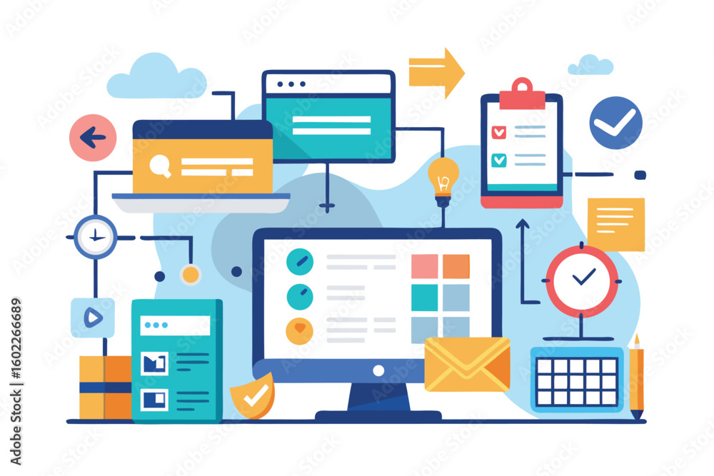 Poster design concept showcasing modern digital tools and workflows, emphasizing efficiency and productivit