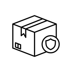Protected Package Icon with Shield Symbol – Secure Delivery, Safety Guarantee Parcel – Black Line Vector