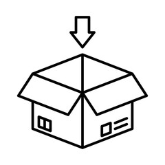 Open Package Icon with Down Arrow – Import, Unload, Download Box Symbol – Black Line Vector