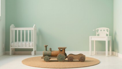 Minimalist nursery room interior with crib, chair, and wooden toy train