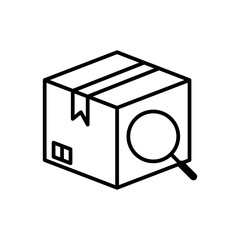 Package Tracking Icon with Magnifying Glass – Search Parcel, Delivery Trace Symbol – Black Line Vector