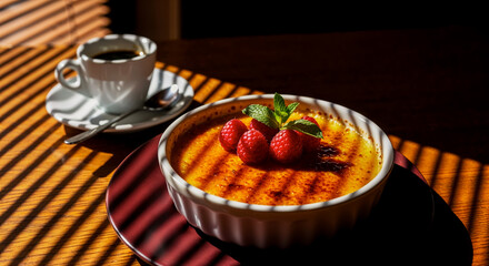 Brunch in a cafe at noon, bright light through the blinds on favorite dessert creme brulee with raspberries and mint leaves, selective focus on the dessert