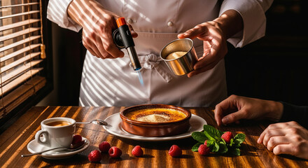 Favorite dessert creme brulee, spectacular serving dessert, chef melts sugar on table cafe front of customer with a gas burner, harsh light morning sun from window, penetrating through wooden blinds