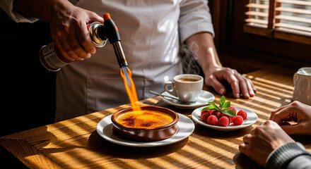 Catalan cream is a popular delicious dessert made from milk, chef melting sugar on creme brulee with a torch on a table in a cafe in front of a customer, bright sunlight through the blinds