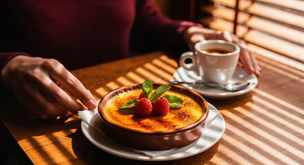 Breakfast in cafe, dessert Catalan cream with delicate sugar crust and strong espresso, hands of young woman, anticipation enjoying dessert, light through blinds, cozy atmosphere old Spanish cafe