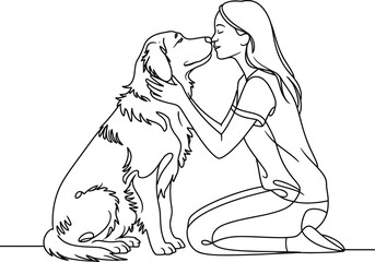 Woman kneeling and kissing her beloved dog in a tender sketch