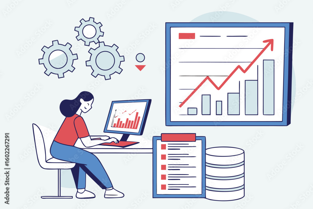 Poster workplace analysis showing a woman using a computer to track data and trends, with visual charts and