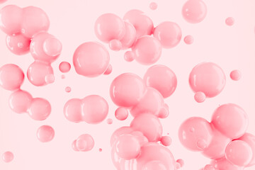 Glossy pink bubbles floating on a soft pastel background. Ideal for skincare, beauty, or cosmetic product concepts symbolizing softness, care, and freshness.