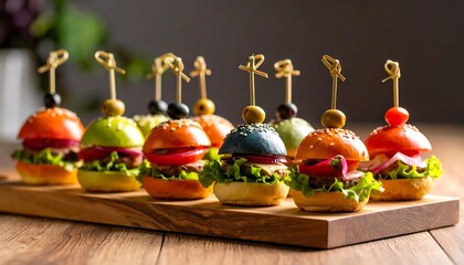 Colorful mini burgers on a wooden board (1)
