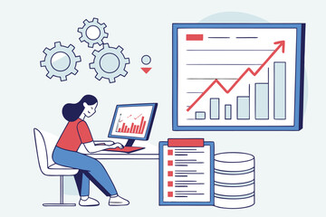 Workplace analysis showing a woman using a computer to track data and trends, with visual charts and gears in a modern office environment