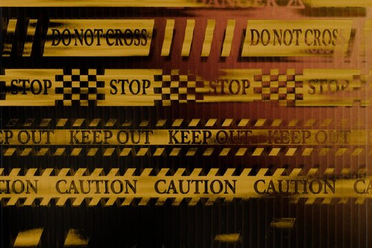 A digitally manipulated image featuring repeating segments of caution, overlaid style, creating a chaotic and warning-filled composition.  The color palette is predominantly dark brown and gold
