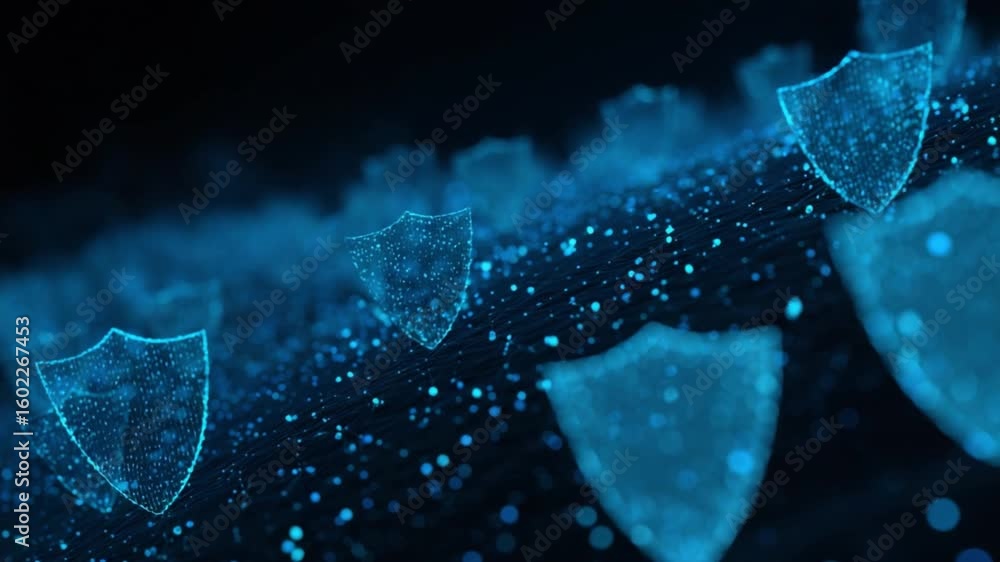 Poster cyber shield: a digital shield glows, symbolizing data protection and secure information in a futuri