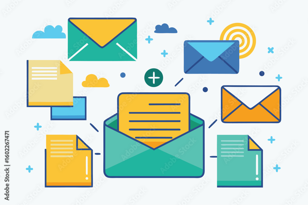 Poster digital illustration of various envelopes and notes representing communication and connectivity in a